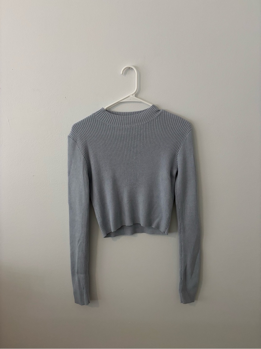 Cropped Rib-Knit Long Sleeve Top - Light Gray